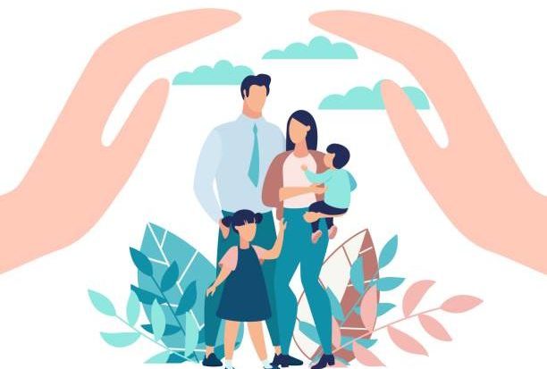 istockphoto-1165297661-612x612-1-e1676702793584 Bright Poster Family Protection with Children. State Protection for Families with Small Children. Parents and Children Stand in Park, Close-up above his Hands. Vector Illustration.